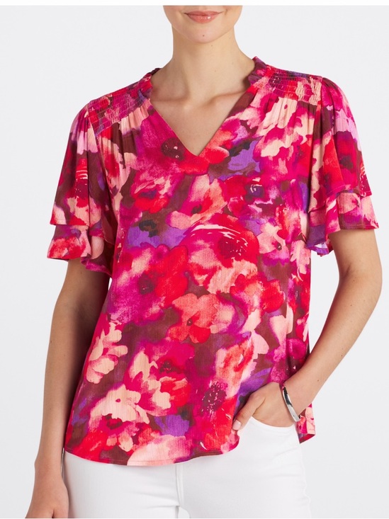 Beacon Tops - Beacon Red Pink Purple Floral V-Neck Flutter Sleeve Top